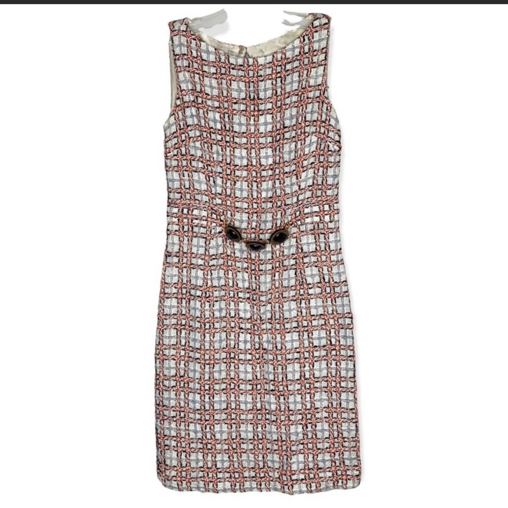 Milly of New York plaid tweed grayish light blue and red sleeveless dress size 6